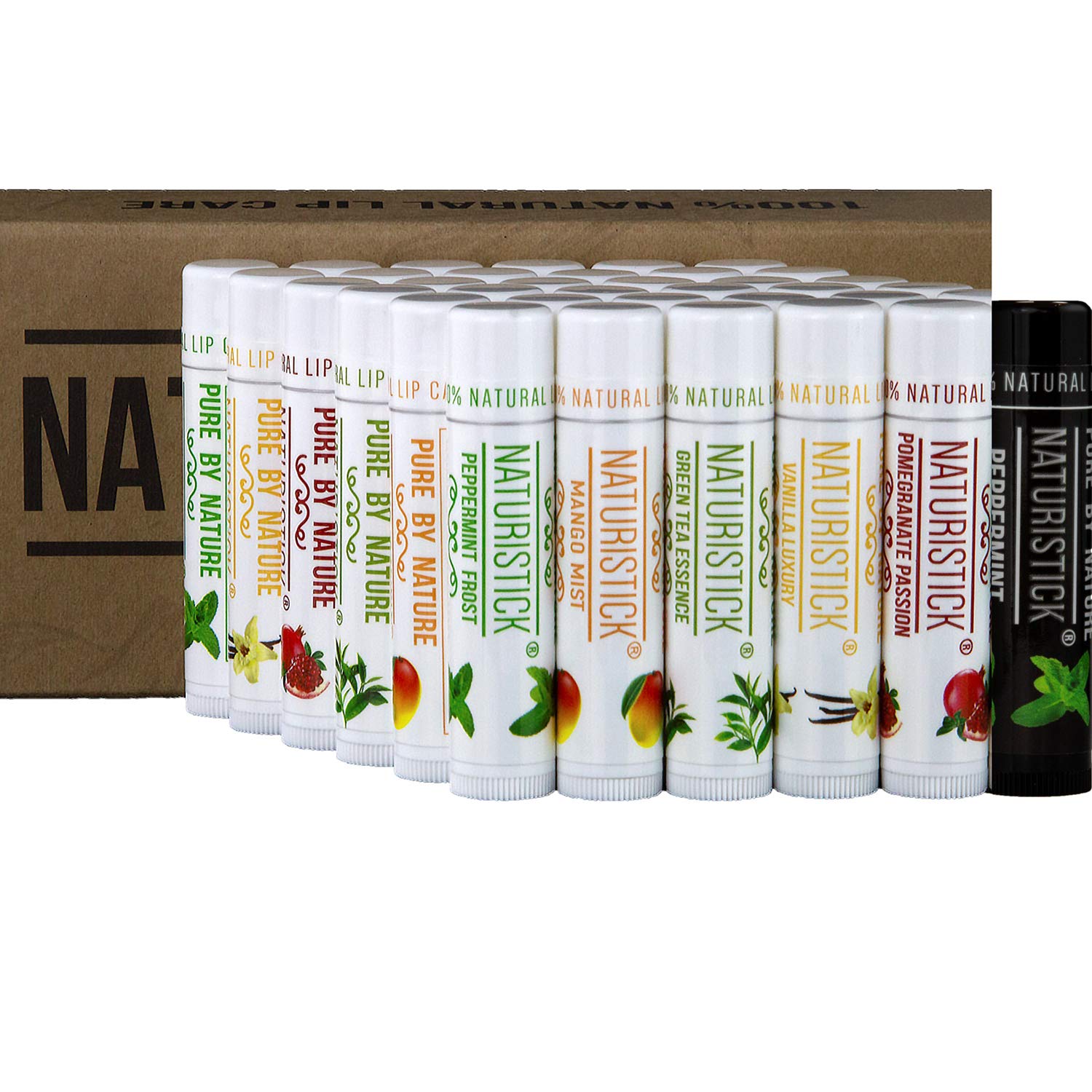 32 All Natural Lip Balm Bulk Pack with Bonus Holder by Naturistick, Best Chapstick for Dry, Chapped Lips, 4 Soothing Flavors with Aloe Vera, Vitamin E, Coconut Oil for Men, Women and Kids, Made in USA
